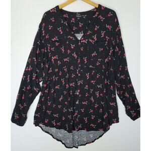 TORRID Emma Babydoll Crinkle Gauze Long Sleeve Black Floral Print Tunic Top sz 2
